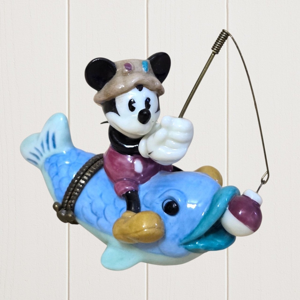 Vtg New Midwest Of Canon Falls Mickey Mouse Fishing Porcelain Trinket Box